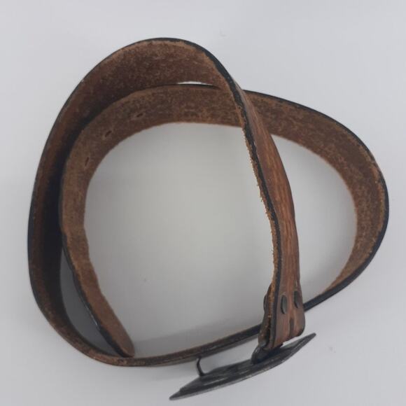 Men's Tooled Brown Leather Belt Basket Weave Shaggy Dog Buckle Old English Sheep - Picture 3 of 13